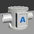Silver Industrial Equipment with Blue Letter A Horizontal Pipe Connections and Bolted Top Cover