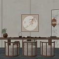 Traditional Tea Room Interior Featuring Wooden Tea Table Round Stools Hanging Lantern And Bamboo Screen
