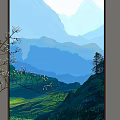 Scenic Landscape Painting Featuring Green Hillsides Layered Blue Mountains and Trees