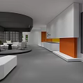 Modern Lounge Area Interior With White Seating Orange Accents And Yellow Shelves