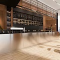 Modern Café Interior Design With Black Tables Chairs Brown Walls Metallic Counter And Hanging Lights
