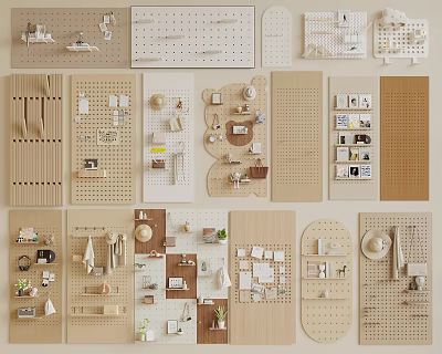 Minimalist Wooden Pegboard Wall-Mounted Organizer with Hooks Baskets and Decorative Items 3d model