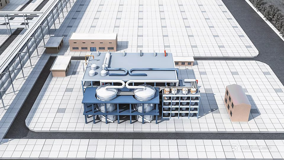 Industrial Factory Building With Large Storage Tanks Metal Pipes And Flat Roof Structure 3d model 