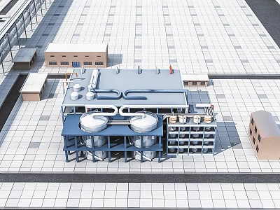 Industrial Factory Building With Large Storage Tanks Metal Pipes And Flat Roof Structure 3d model