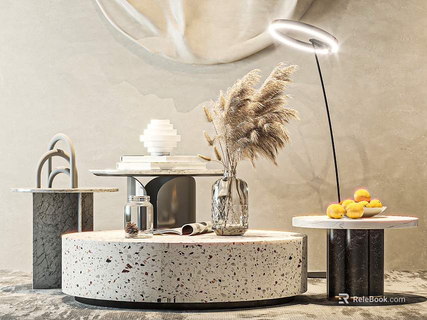 Round Speckled Terrazzo Coffee Table With Marble Side Tables Pampas Grass Vase Lemon And Lamp 3d model 