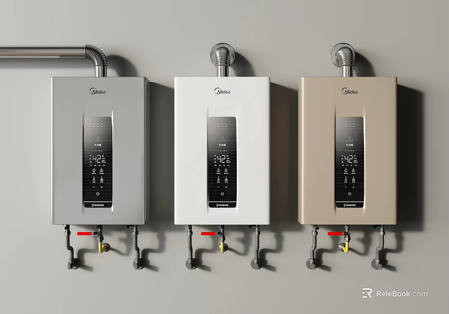 Midea Wall Mounted Tankless Water Heaters With Silver White Gold Finishes And Digital 3d model 