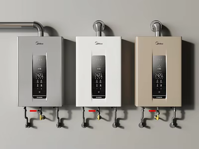Midea Wall Mounted Tankless Water Heaters With Silver White Gold Finishes And Digital 3d model