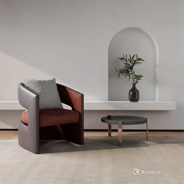 Single Red Upholstered Sofa With Dark Brown Armrests Light Gray Pillow And Black Coffee Table 3d model 