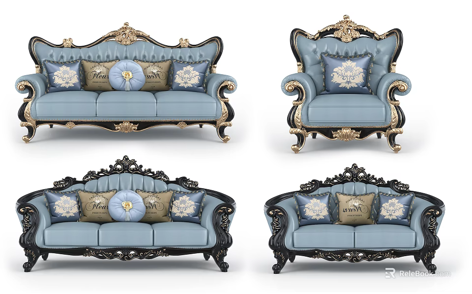 Ornate Classical Sofa Set With Blue Black Upholstery Gold Trim And Decorative Pillows 3d model 