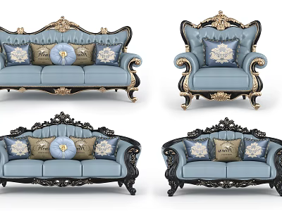 Ornate Classical Sofa Set With Blue Black Upholstery Gold Trim And Decorative Pillows 3d model
