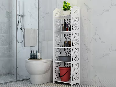 White Openwork Design Bathroom Storage Shelf With Toiletries Green Plant And Marble Wall 3d model