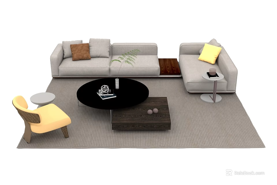 Modern Sofa and Coffee Table Set with Gray L-shape Yellow Accent Chair Black Round Table 3d model