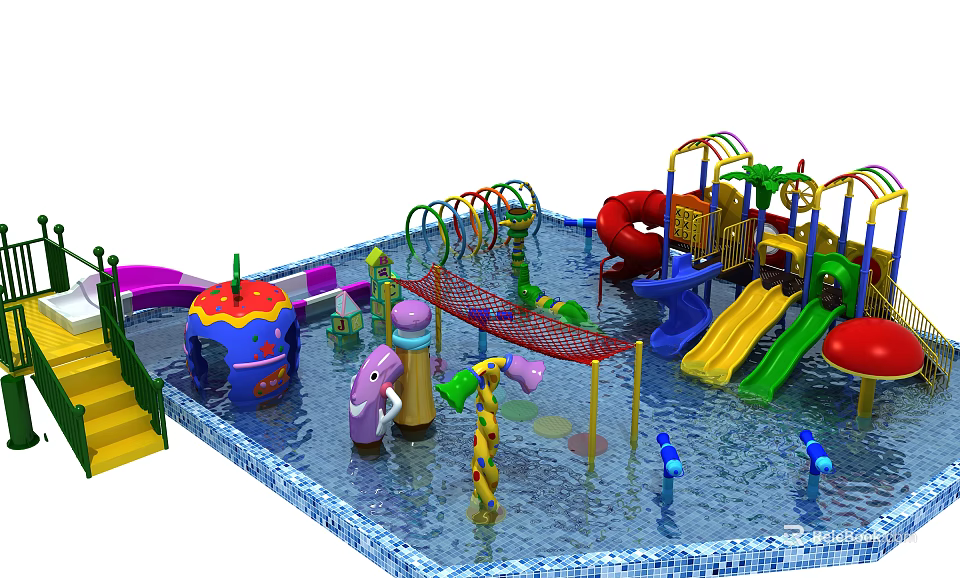 Colorful Water Play Equipment With Slides Elephant Shaped Rope Net And Water Features For Kids 3d model 