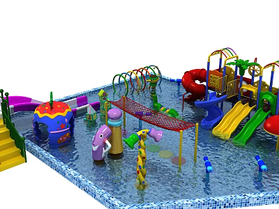 Colorful Water Play Equipment With Slides Elephant Shaped Rope Net And Water Features For Kids 3d model