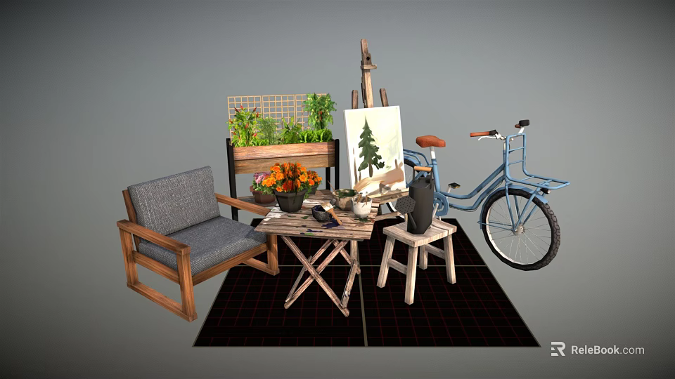 Single Sofa With Wooden Frame Small Table Potted Plants Easel And Bicycle On Rug 3d model 