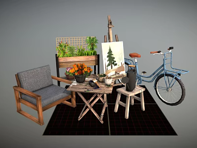 Single Sofa With Wooden Frame Small Table Potted Plants Easel And Bicycle On Rug 3d model