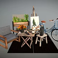 Single Sofa With Wooden Frame Small Table Potted Plants Easel And Bicycle On Rug