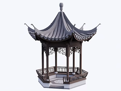 Traditional Chinese Garden Landscape Featuring Wooden Pavilion With Tiled Roof And Carved Railings 3d model