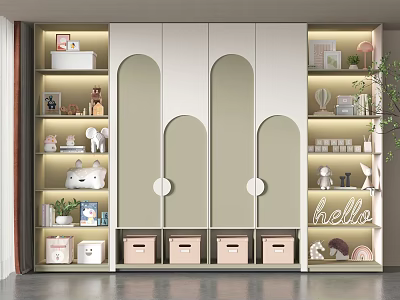 Modern Light Colored Wardrobe Interior With Arched Doors Open Shelves And Storage Boxes 3d model