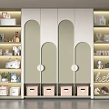 Modern Light Colored Wardrobe Interior With Arched Doors Open Shelves And Storage Boxes