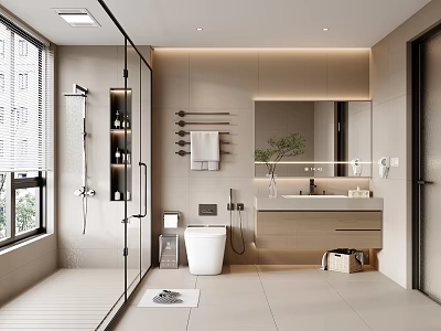 Modern Bathroom Interior Design With Glass Shower Enclosure Vanity Mirror And Toilet 3d model