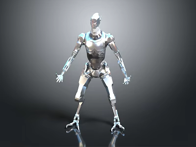 Silver Robot Creature With Metallic Mechanical Structure Standing On Dark Background 3d model