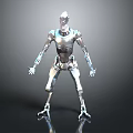 Silver Robot Creature With Metallic Mechanical Structure Standing On Dark Background