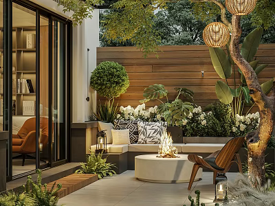 Elegant Courtyard Garden With Wooden Fence Sofa Fire Pit Lush Plants Hanging Lights And Lanterns 3d model