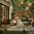 Elegant Courtyard Garden With Wooden Fence Sofa Fire Pit Lush Plants Hanging Lights And Lanterns