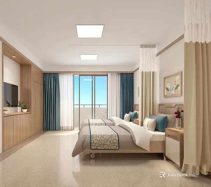 Cozy Bedroom Interior With Wooden Cabinets Blue Curtains Floor to Ceiling Windows And Natural Light 3d model 