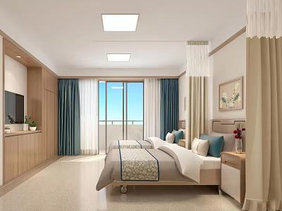 Cozy Bedroom Interior With Wooden Cabinets Blue Curtains Floor to Ceiling Windows And Natural Light 3d model
