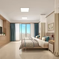 Cozy Bedroom Interior With Wooden Cabinets Blue Curtains Floor to Ceiling Windows And Natural Light
