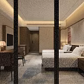 Modern Hotel Guest Room Featuring Twin Beds Floor-to-ceiling Windows Desk Chair TV And Patterned Carpet