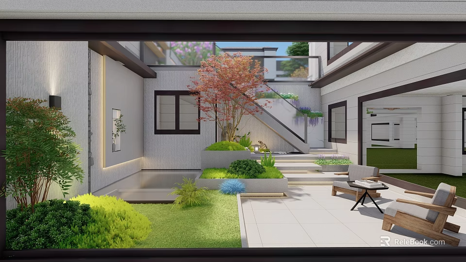 Scenic Courtyard Feature Wall With Lush Green Plants Stone Steps And Outdoor Seating 3d model 