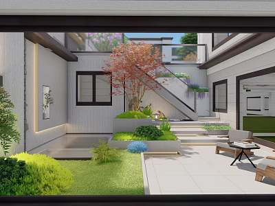 Scenic Courtyard Feature Wall With Lush Green Plants Stone Steps And Outdoor Seating 3d model
