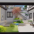 Scenic Courtyard Feature Wall With Lush Green Plants Stone Steps And Outdoor Seating