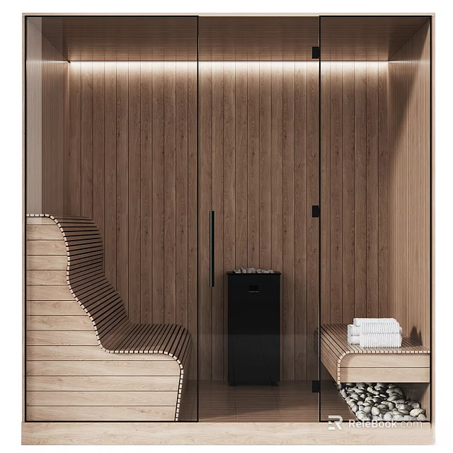 Modern Sauna Room Interior With Wooden Walls Glass Doors Bench And Towels 3d model 