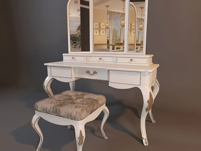 Elegant White Vanity Table With Gold Accents Mirror And Upholstered Stool 3d model