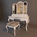 Elegant White Vanity Table With Gold Accents Mirror And Upholstered Stool 3d model