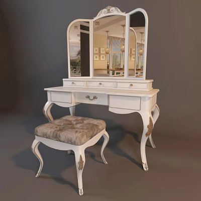 Elegant White Vanity Table With Gold Accents Mirror And Upholstered Stool 3d model