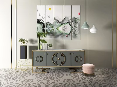 Elegant Modern Entryway Console Cabinet With Side Storage And Landscape Painting 3d model