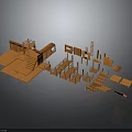 Orange Architectural Model Scattered Structural Components With Stairs Platforms And Frames 3d model