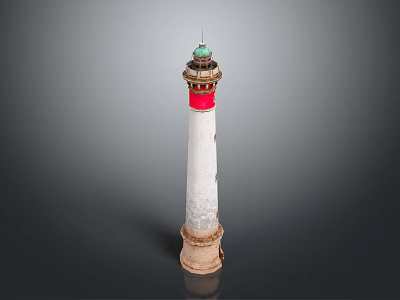 Classic Lighthouse Architecture With White Tower Red Stripe Green Lantern And Stone Base 3d model