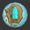 Cartoon Scene of Small Floating Island With Turquoise Curved Roof House Porch And Street Lamp