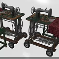 Vintage Old Sewing Machines On Green Wheeled Tables With Red Plaid Cloth And Small Stool