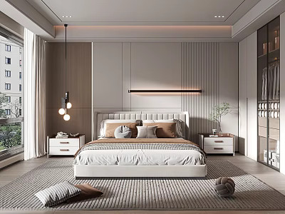 Modern Bedroom Interior With Upholstered Bed White Nightstands Striped Wall Lamp And Textured Rug 3d model