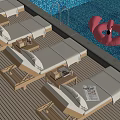 Wooden Poolside Lounge Chairs With Side Tables And Magazine Near Swimming Pool