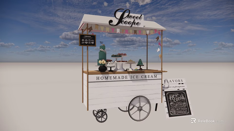 Homemade Ice Cream Cart With White Canopy Wooden Menu Board And Decorative Wheels 3d model 