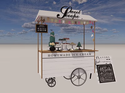 Homemade Ice Cream Cart With White Canopy Wooden Menu Board And Decorative Wheels 3d model