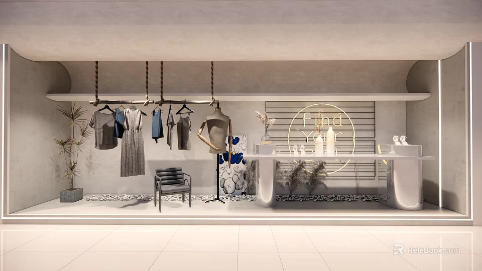 Modern Luxury Clothing Store Window Display With Mannequin Hanging Clothes Pendant Lights And Counter 3d model 